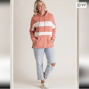 Easel Coral & White Striped Terrycloth Hoodie 100% Cotton Boutique Oversized